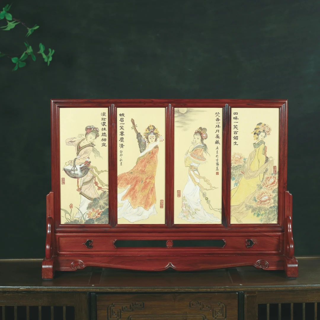 精品紫砂杂项—四大美女座屏，国工刻绘