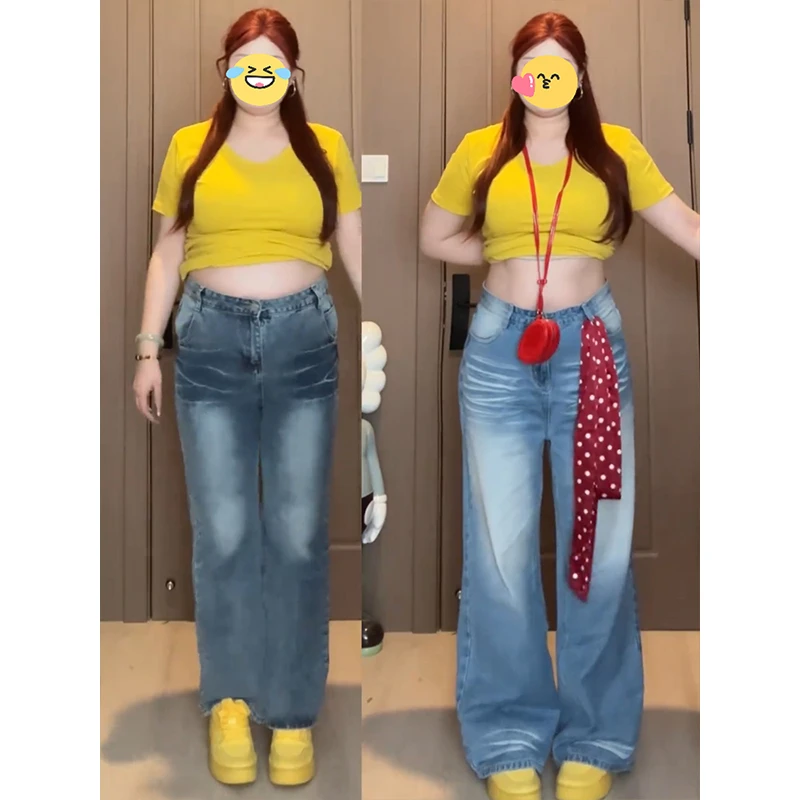 水洗浅蓝色阔腿牛仔裤女夏季美式复古高腰直筒裤子宽松慵懒风长裤