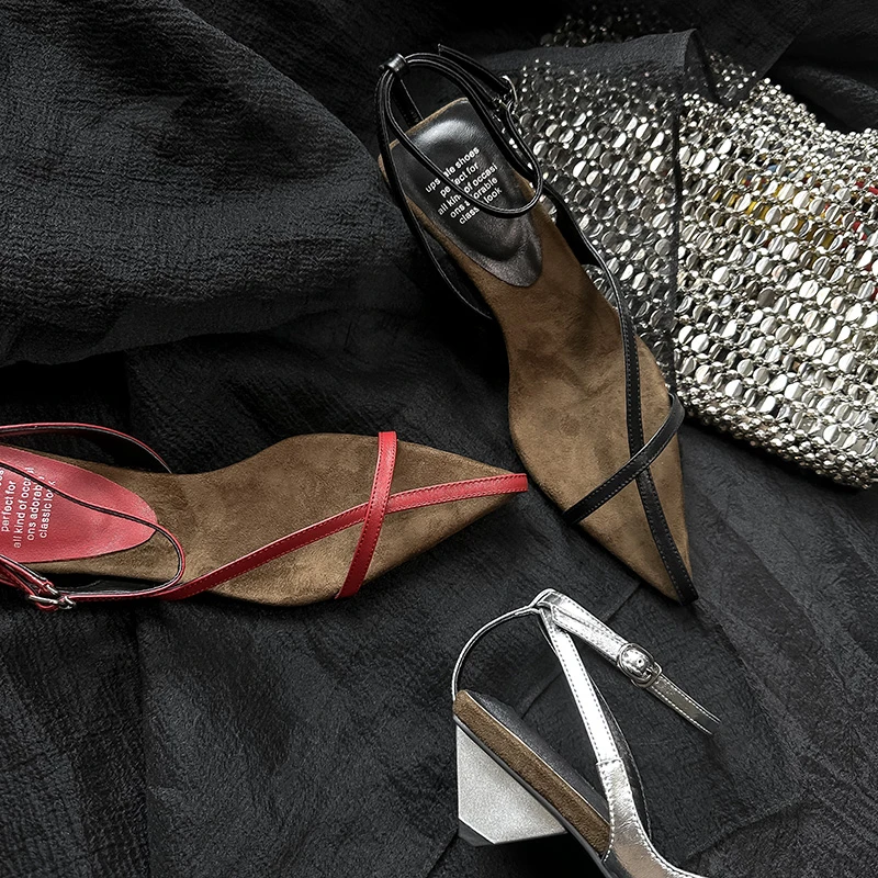 8073/3.5cm牛皮时装凉鞋法式尖头低帮露趾女胶粘细跟鞋子