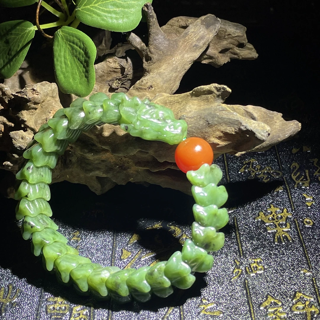 和田玉碧玉手串纯手工龙骨手串 俄碧菠菜绿手链特色男女款