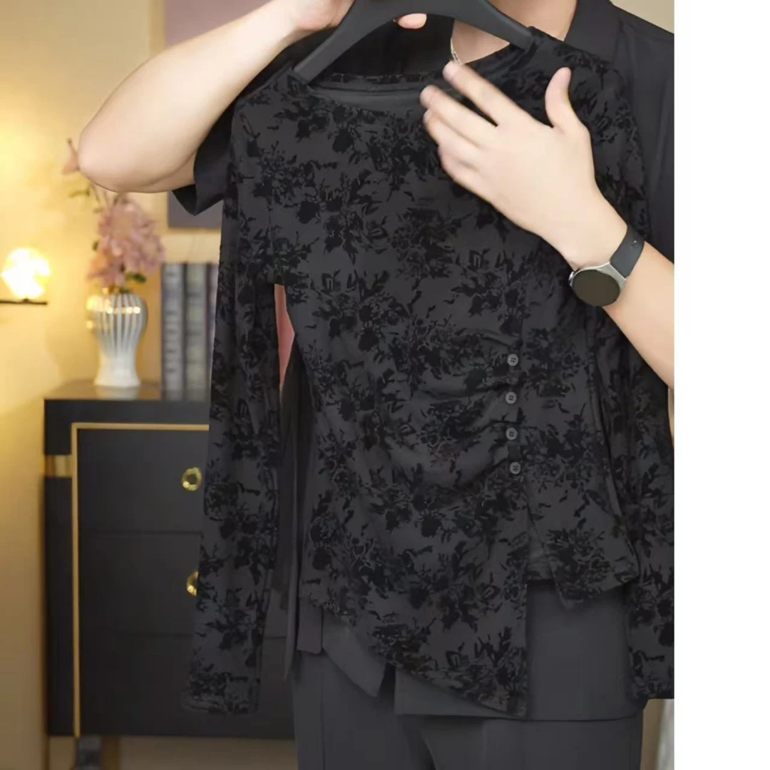 【旧梦花事】2025秋冬季设计感植绒碎花气质长袖T恤女显瘦气质上衣