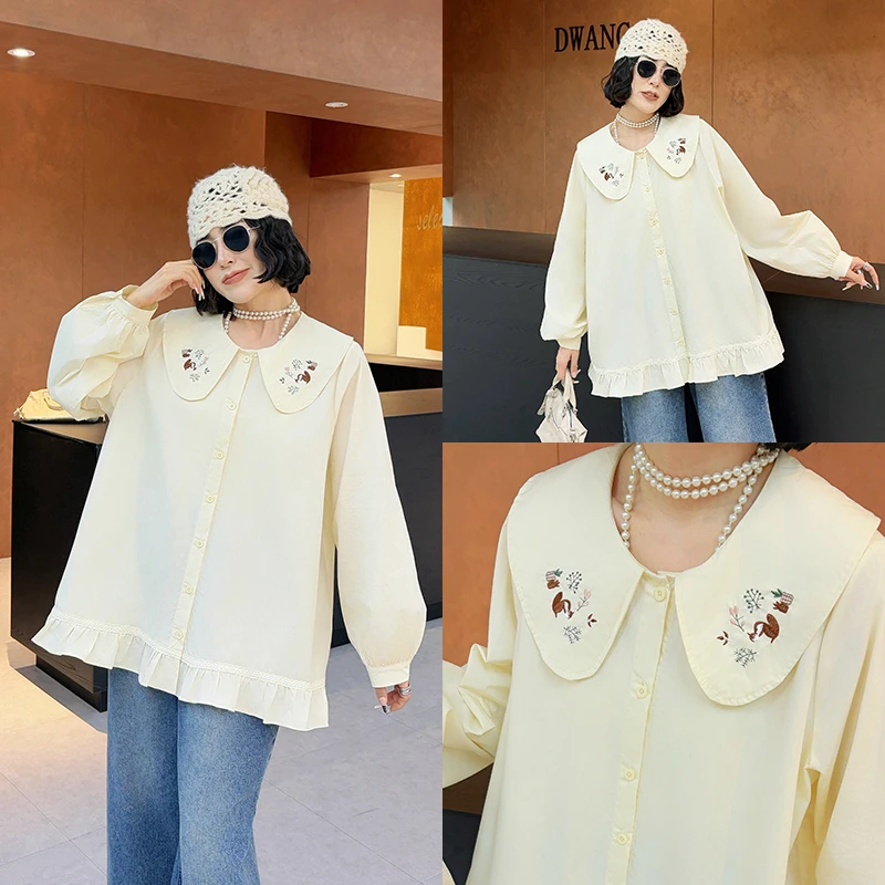 大码女装娃娃领长袖衬衫120斤到260斤胖mm遮肚子显瘦可爱减龄冬季