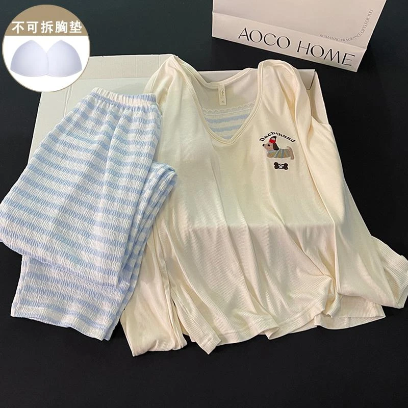 带胸垫睡衣女生新款春秋季韩系莫代尔棉长袖可爱长条狗家居服套装