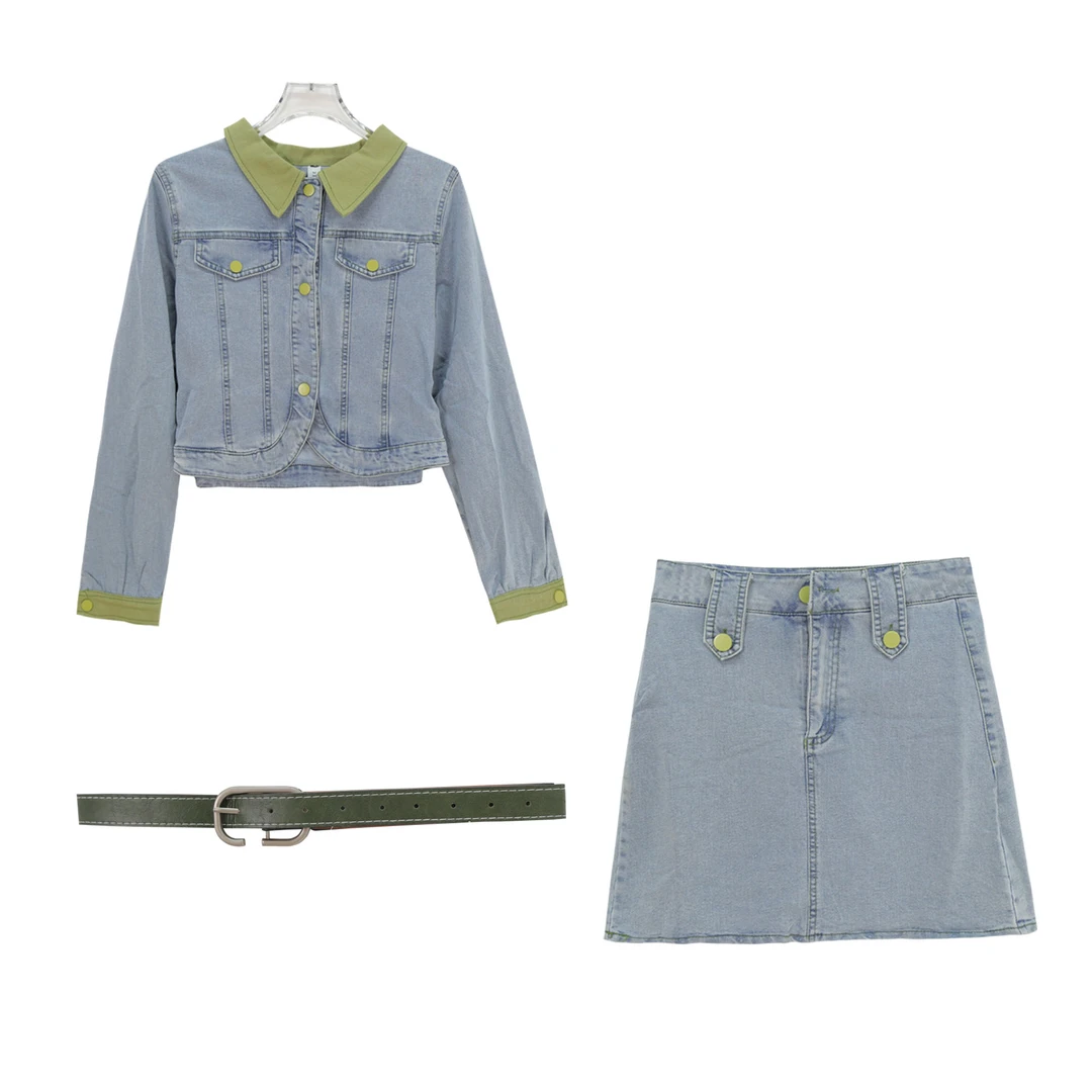 辣妹风短款牛仔上衣高腰短裙套装（赠腰带）S939