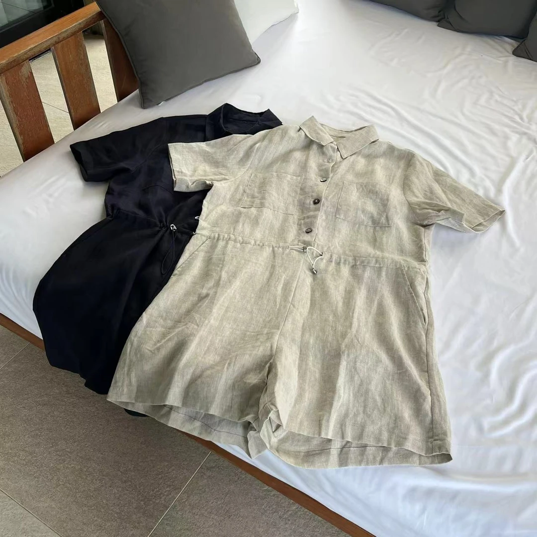 MYL 2024夏季新品亚麻杏色连体衣时尚气质显瘦阔腿短袖连体裤