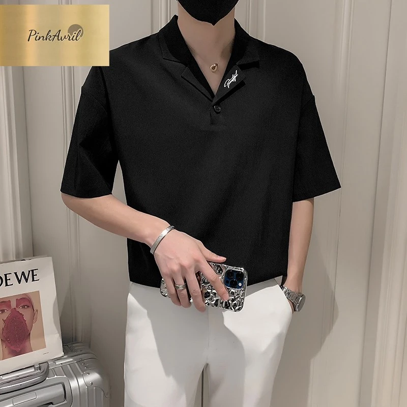 PinkAvril领衬衫男短袖冰丝滑料t恤潮牌翻领百搭休闲五分袖上衣