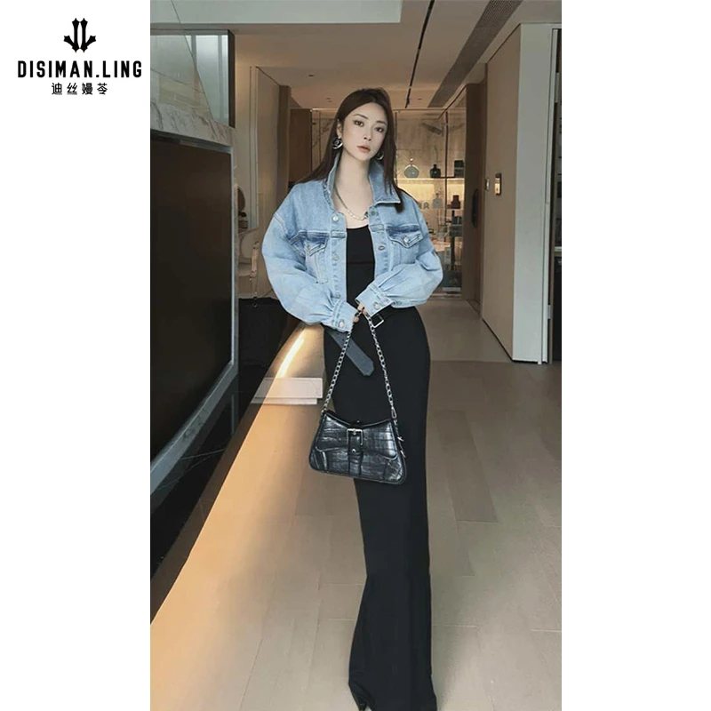 迪丝嫚苓黑色连衣裙时尚显瘦早春穿搭气质性感法式长裙小众设计感