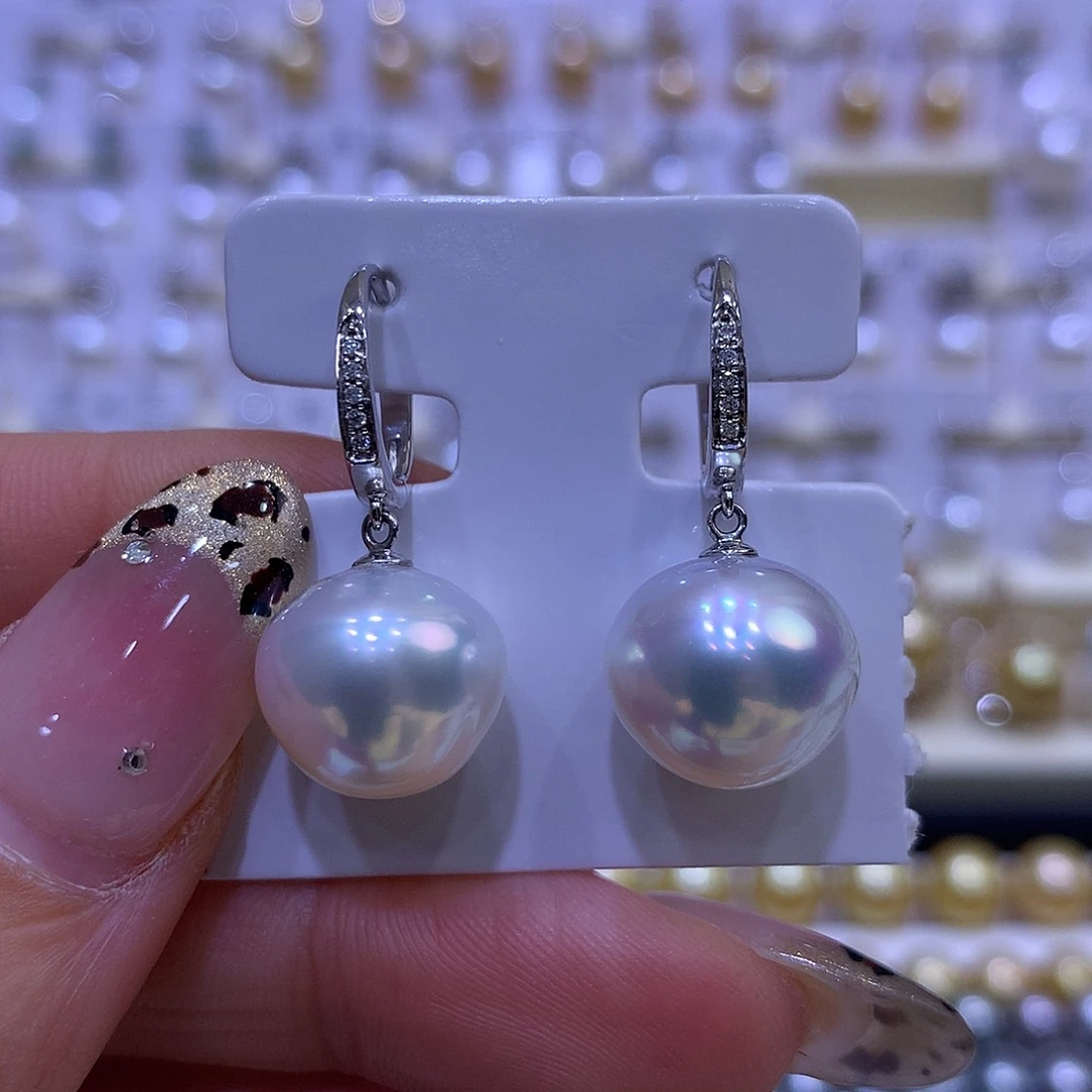 海水珍珠耳饰18K金镶嵌近13mm澳白