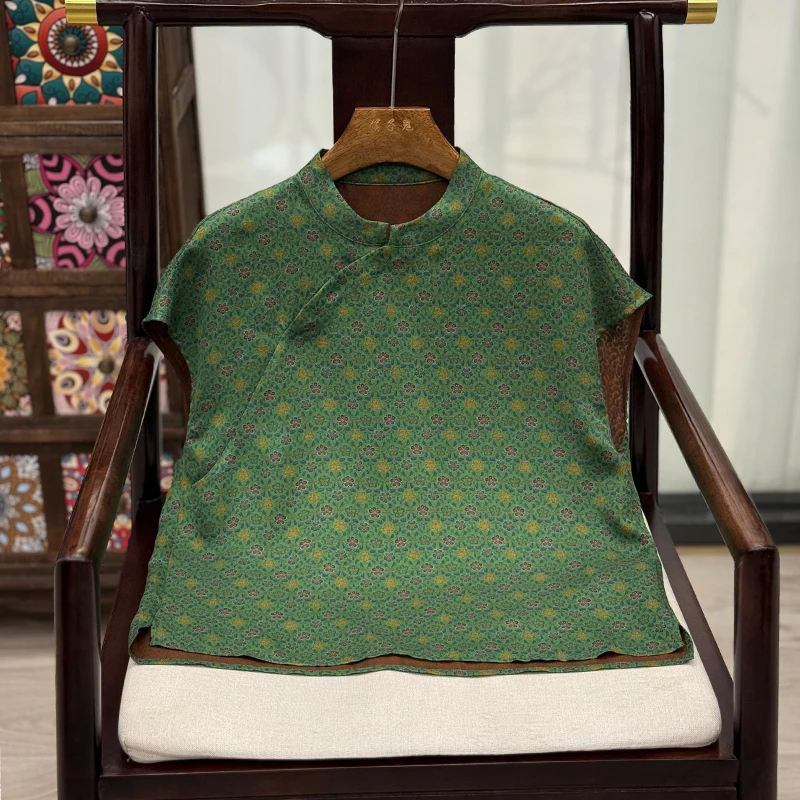 【流韶】新中式桑蚕丝花罗提花香云纱飞飞袖上衣立领短袖T恤衬衫女