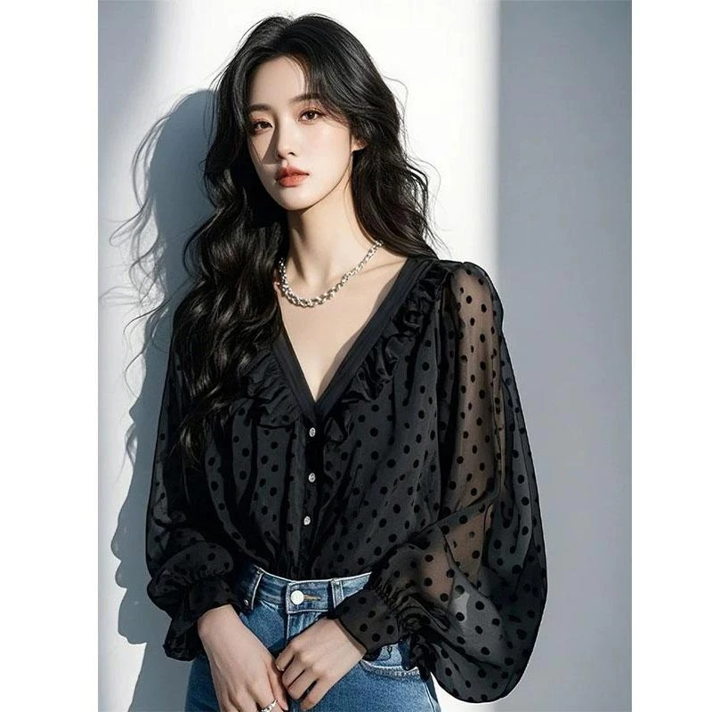 法式高级感荷叶边波点雪纺衬衫2025春秋新款长袖上衣时尚百搭衬衣