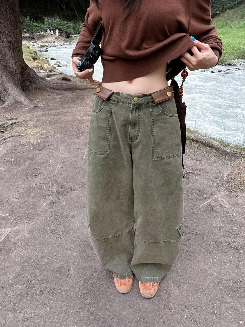杨九七 美式水洗工装牛仔裤女秋冬宽松工装裤多口袋休闲裤子 7935