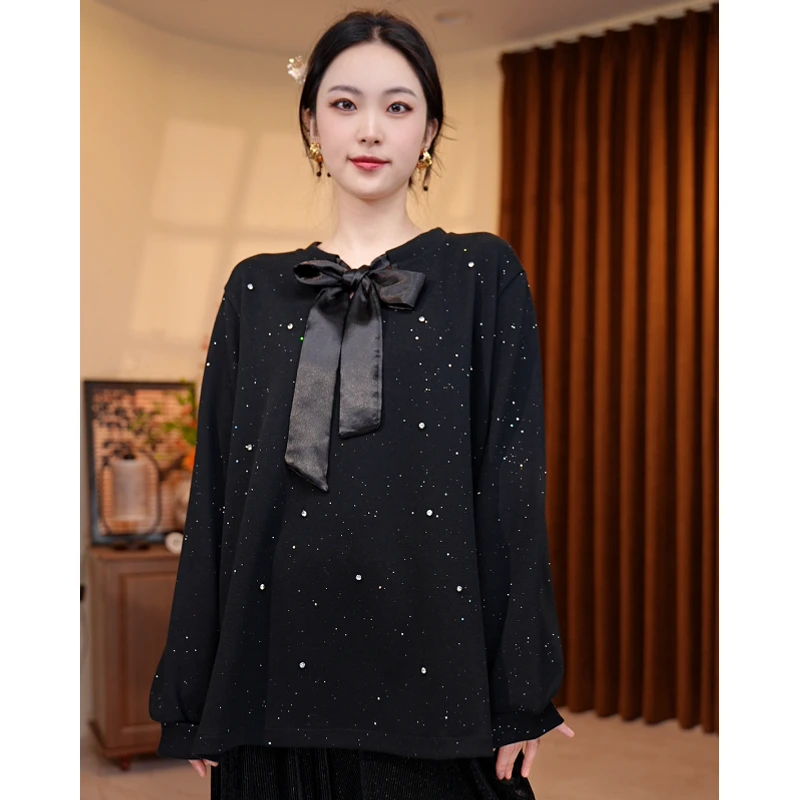 204/套头蝴蝶结领女装女士长袖黑色时尚拼接春季高弹力圆领