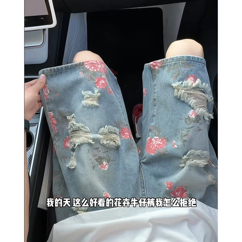 玫瑰花卉印花破洞牛仔短裤男款小众设计感裤子美式复古直筒五分裤