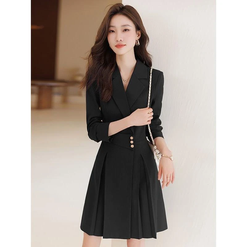 西装长袖收腰时尚连衣裙子小个子赫本风春秋气质修身秋季职业名媛