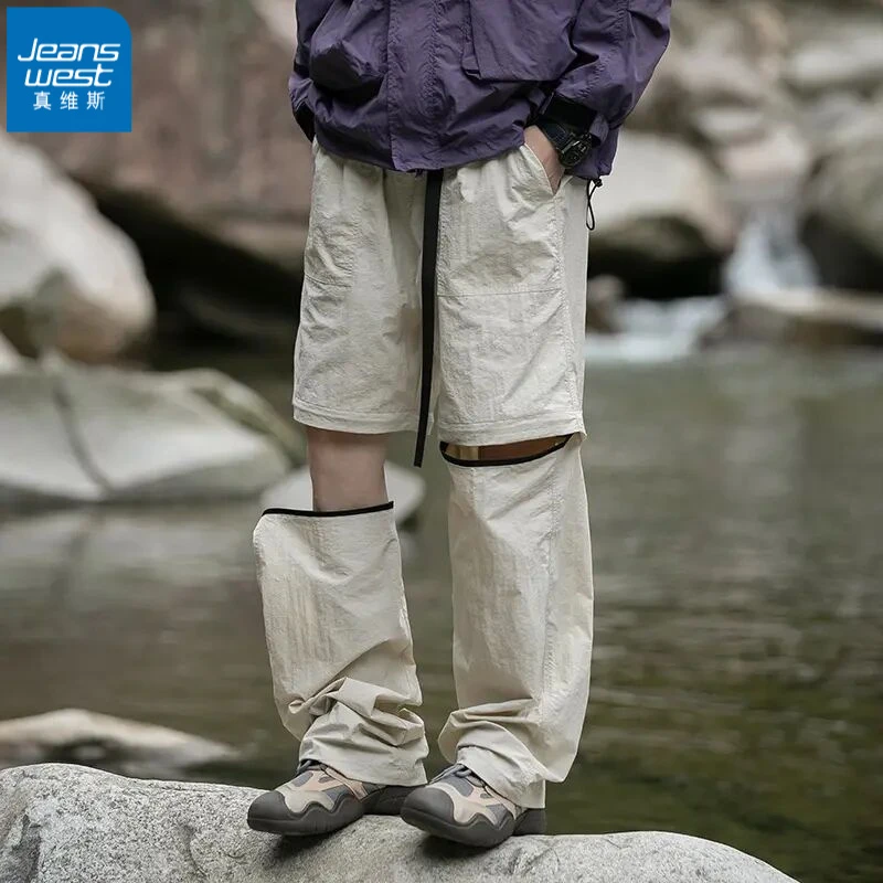真维斯款高街机能风防水可拆卸两穿工装美式高街风灰色宽松工装裤
