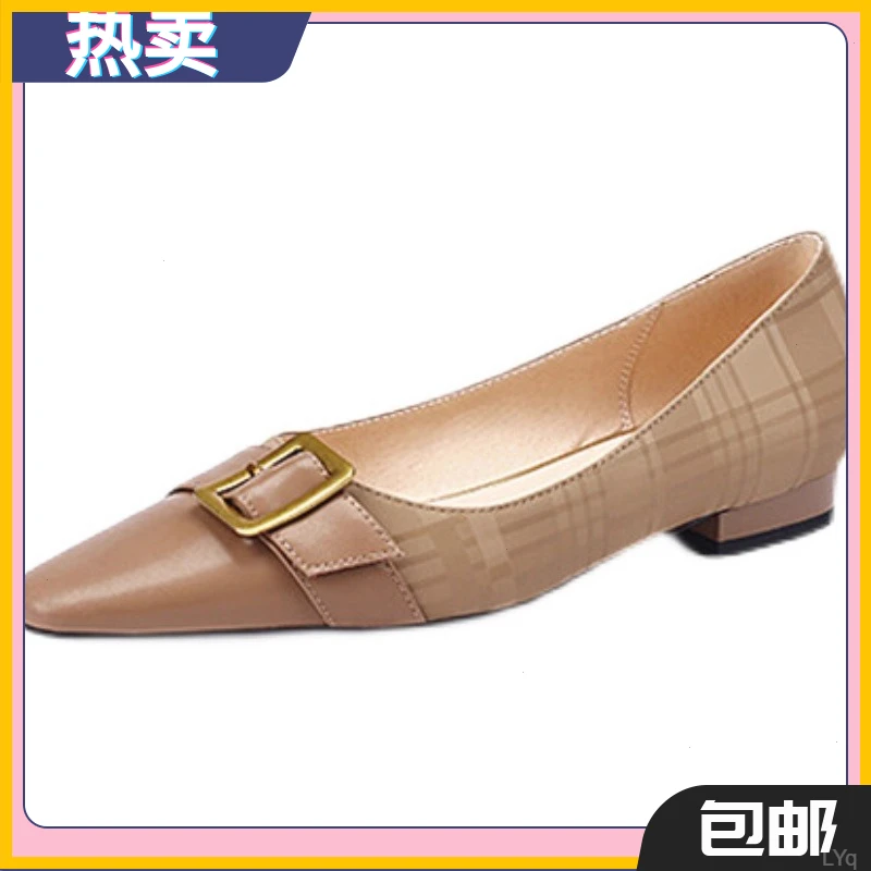 小香风金属扣真皮单鞋女2025新款复古方头粗跟百搭浅口软皮奶奶鞋