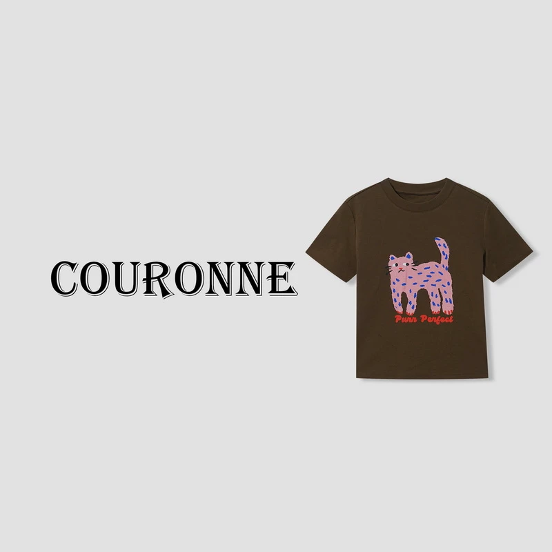 【小熊】-春夏‘’豹纹猫咪‘’卡通设计可爱百搭简约圆领短袖上衣31156