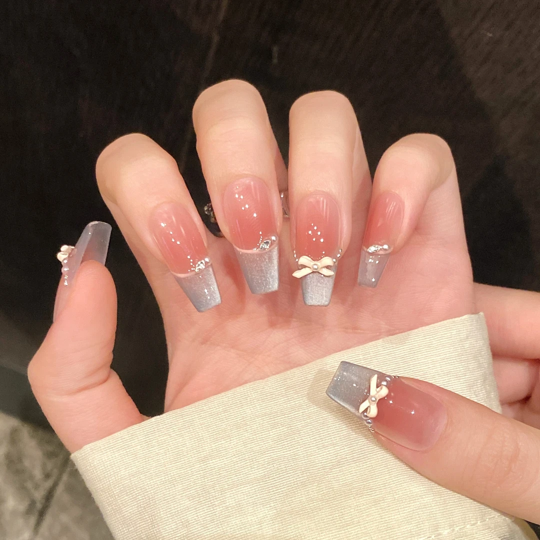 【蓝精灵】春日蝴蝶结猫眼法式气质温柔纯欲风少女显白纯手工穿戴甲