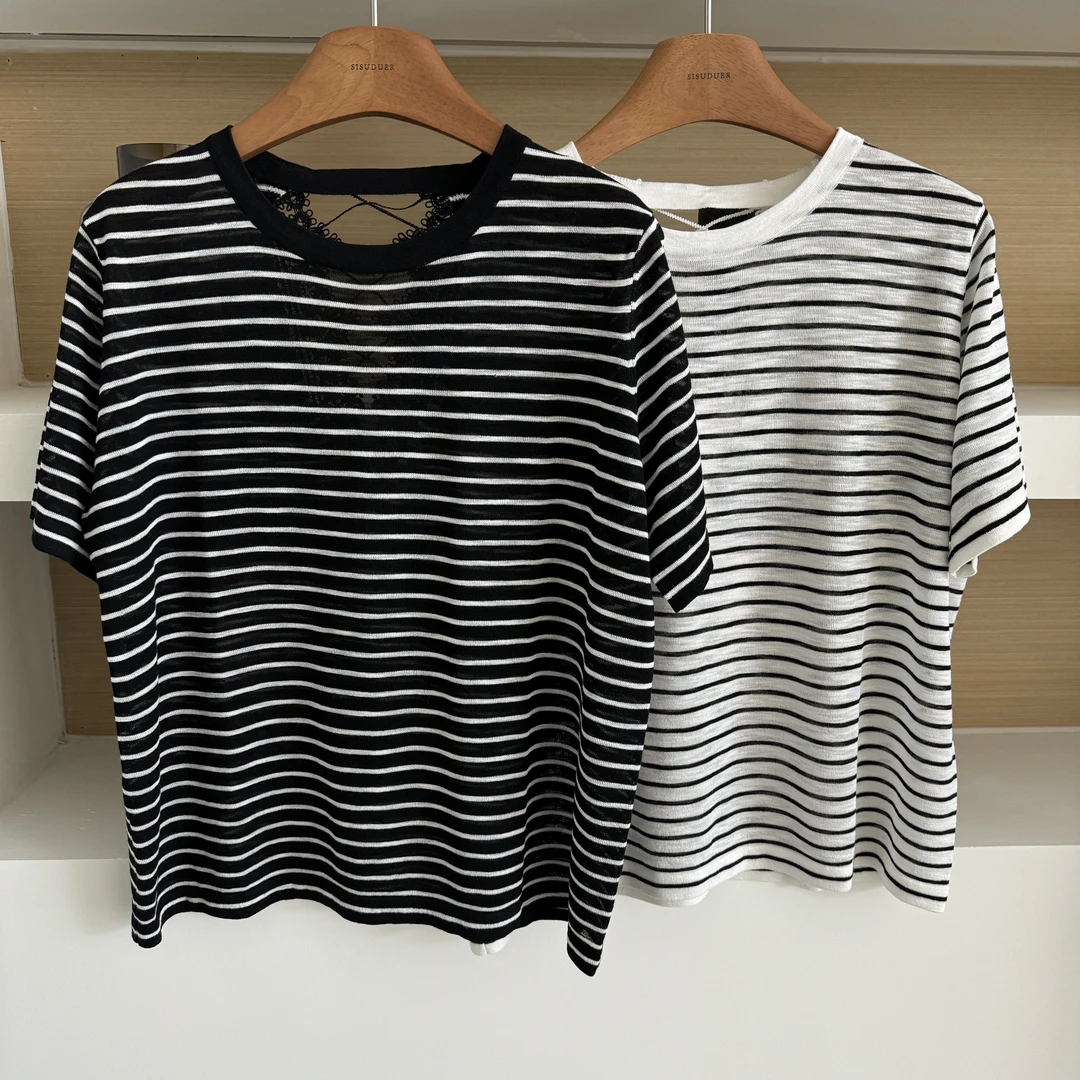 JIUJIU【快乐至上】显瘦时尚休闲百搭简约夏季条纹黑白圆领针织衫