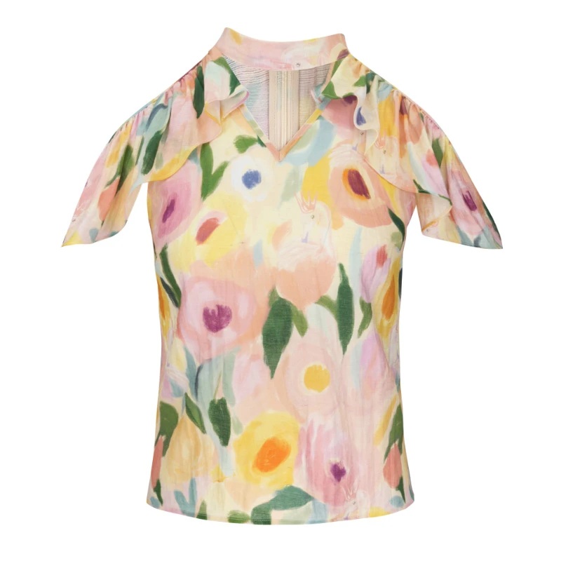 JUNGLE ME夏季印花百搭V领小飞袖上衣衬衫女装春夏度假风透气