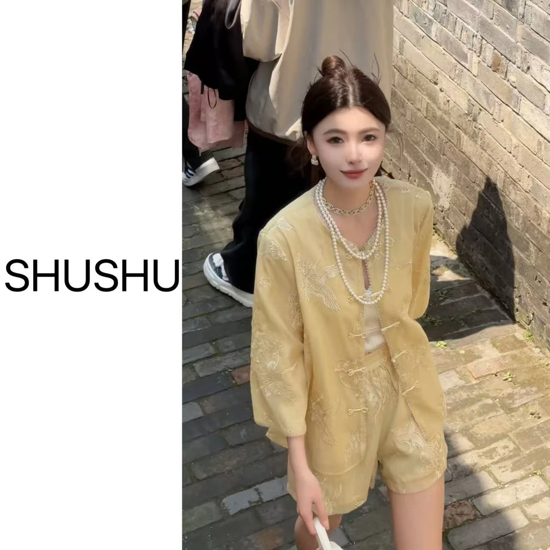 现货新款【清水伊人】新中式夏季气质轻奢休闲上衣短裤套装
