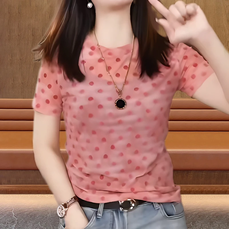 胖mm大码女装洋气衣服女2025时尚网纱波点短袖T修身显瘦亲肤高弹