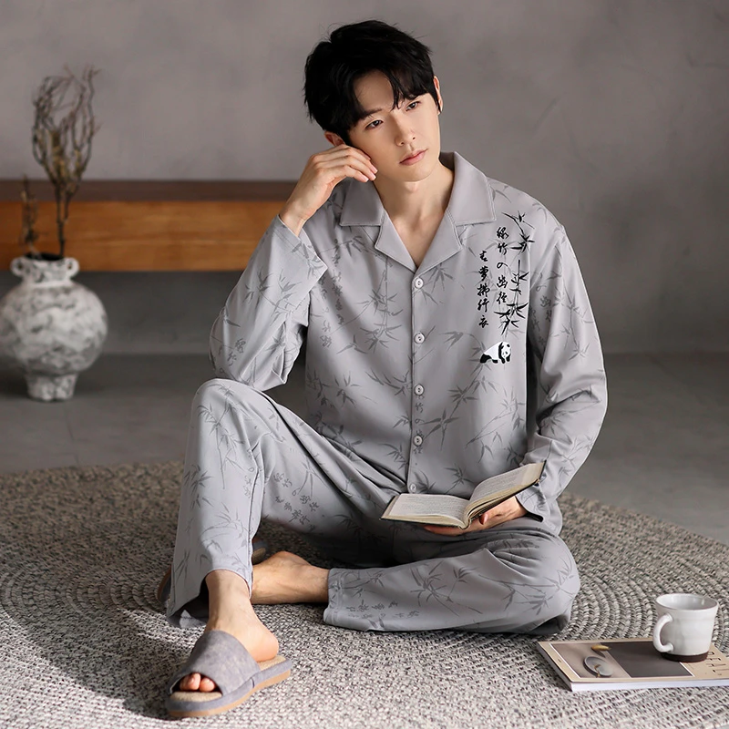 睡衣男士春秋季100%纯棉长袖男款大码中国风竹子可外穿家居服套装