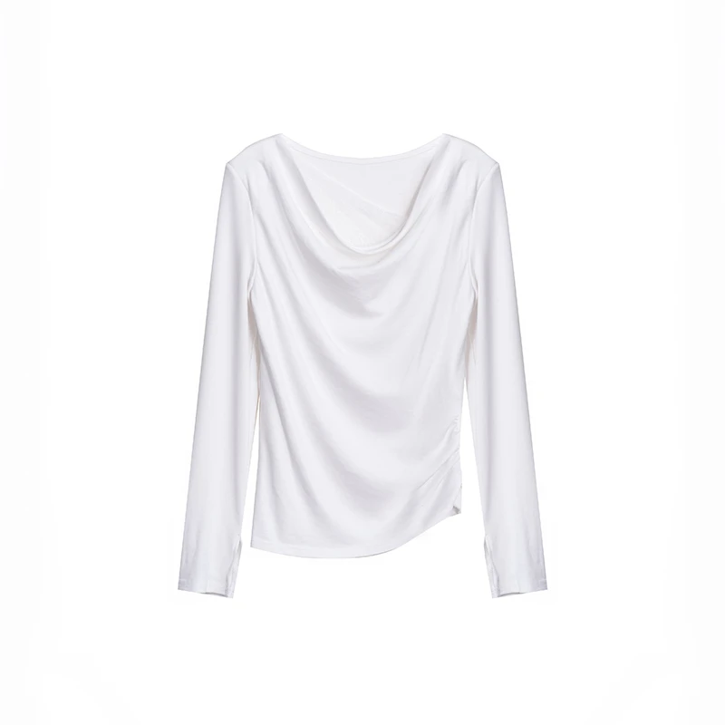 【私人高定】蕾丝拼接领打皱显瘦性感长袖T恤A2955