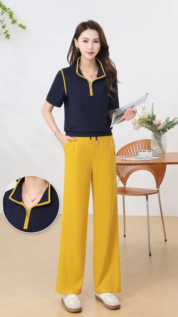 时尚休闲运动夏季新款短袖立领卫衣阔腿裤套装