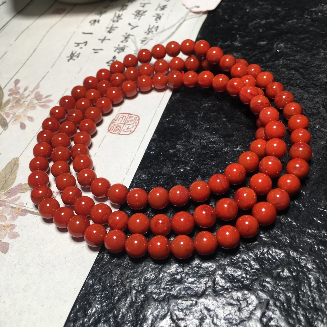 【朱锦南红】天然川料南红玛瑙满色满肉火焰纹多圈手串6.5mm44.7g