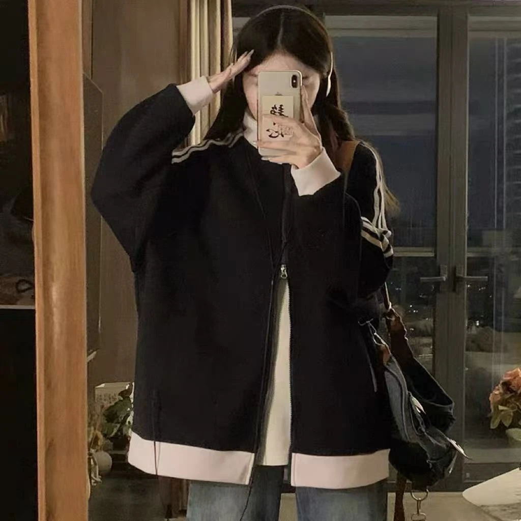 376  美式复古撞色立领棒球服外套女秋冬新款宽松上衣A1