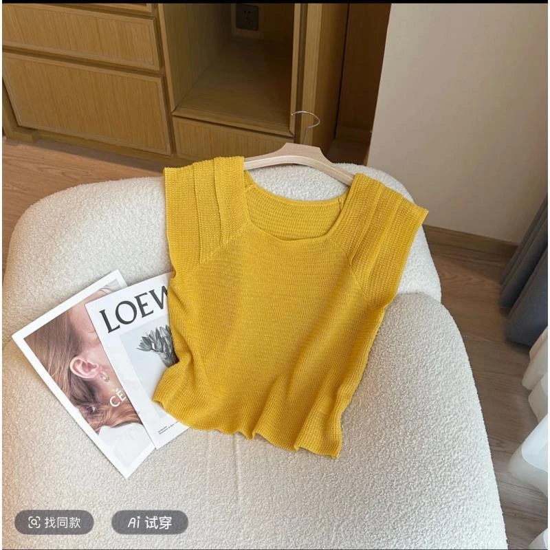 2025 夏季新款层次荷叶短袖独特设计感拼接短袖针织衫女上衣