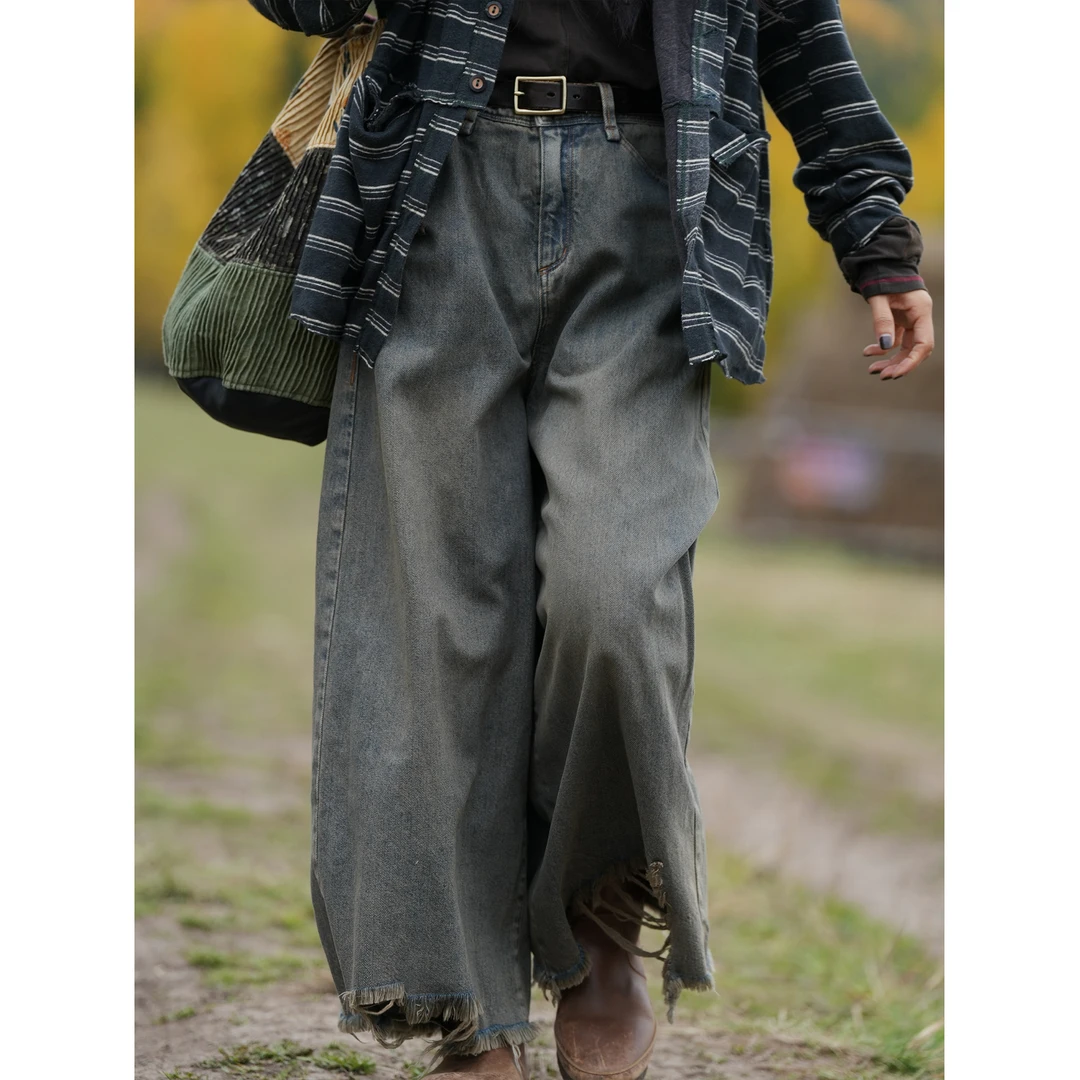 几见原创设计秋季百分棉牛仔裤休闲裤毛边做旧破洞裤复古K53434