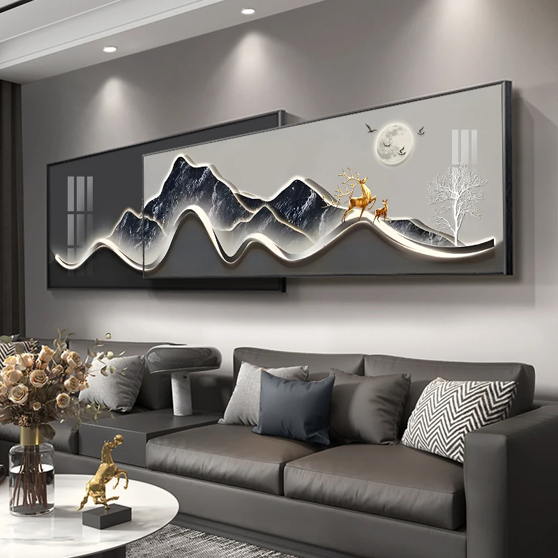 现代轻奢沙发背景墙装饰画背有靠山高级感大气客厅挂画叠加山水画