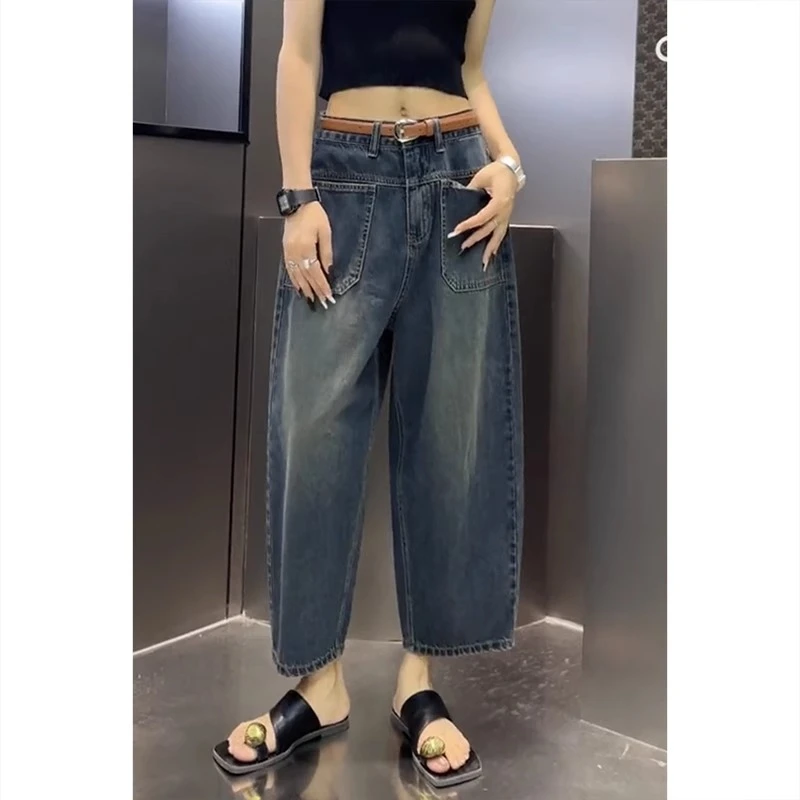 梨形微胖穿搭老爹牛仔裤女夏季新款洋气大码八分裤宽松显瘦哈伦裤