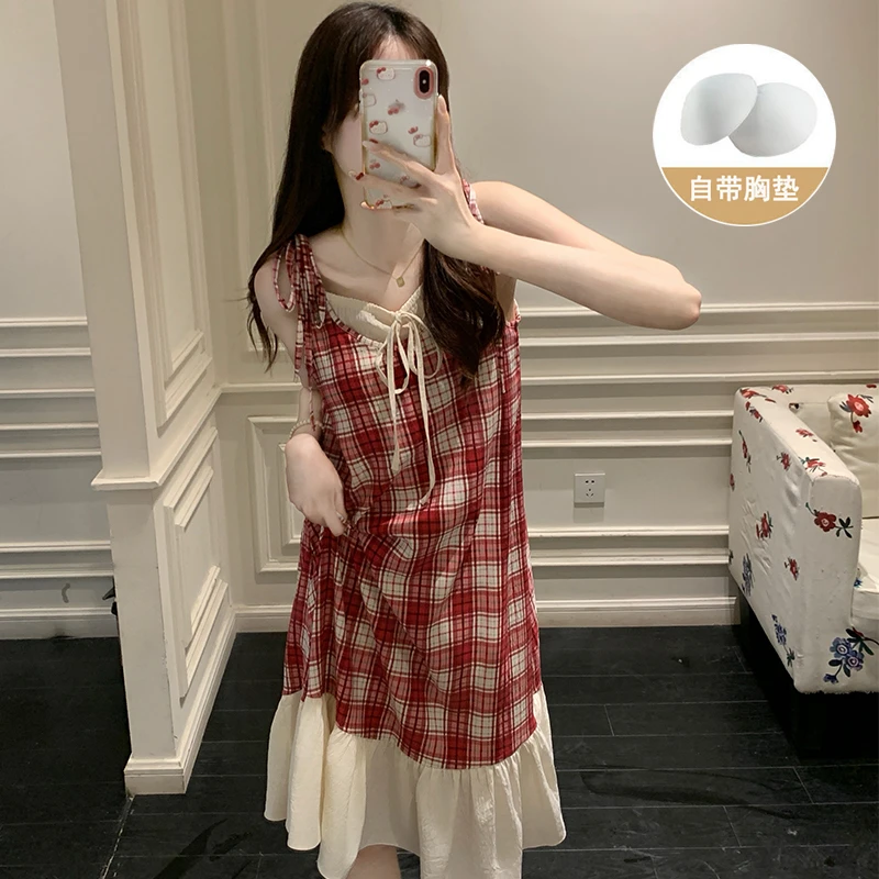 带胸垫夏季纯欲吊带甜美格子睡裙女2025新款高级感休闲睡衣家居服