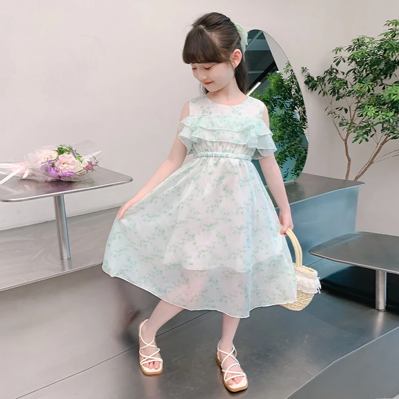 女童夏装2025新款洋气雪纺长裙子儿童女孩大童夏季公主碎花连衣裙