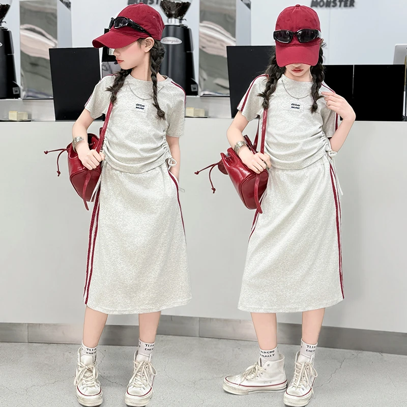 女童夏装套装2025新款韩系6-12岁女孩抽绳短袖夏季儿童针织半身裙