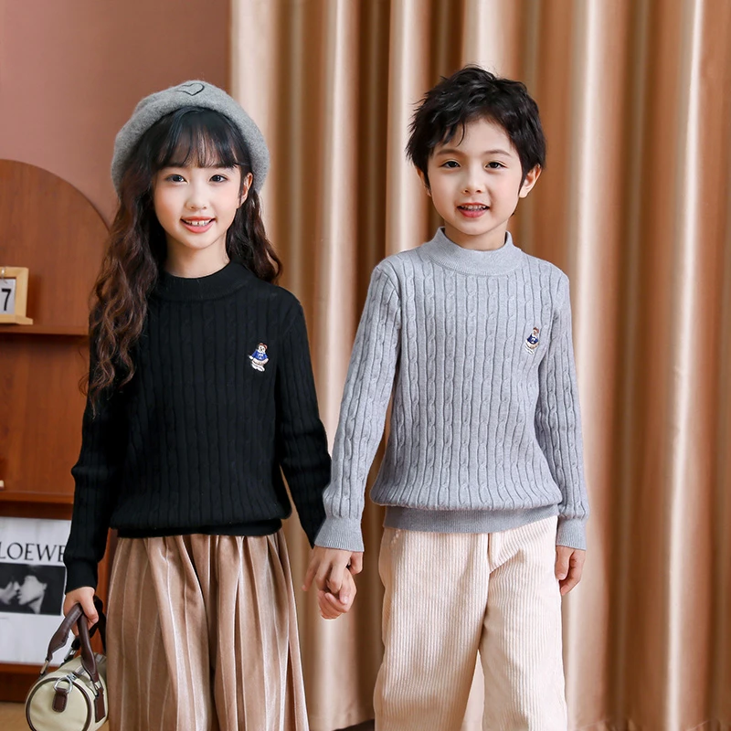 秋冬款安迪绒男女童纽花圆领时尚洋气纯色拼接上衣打底毛衣针织衫