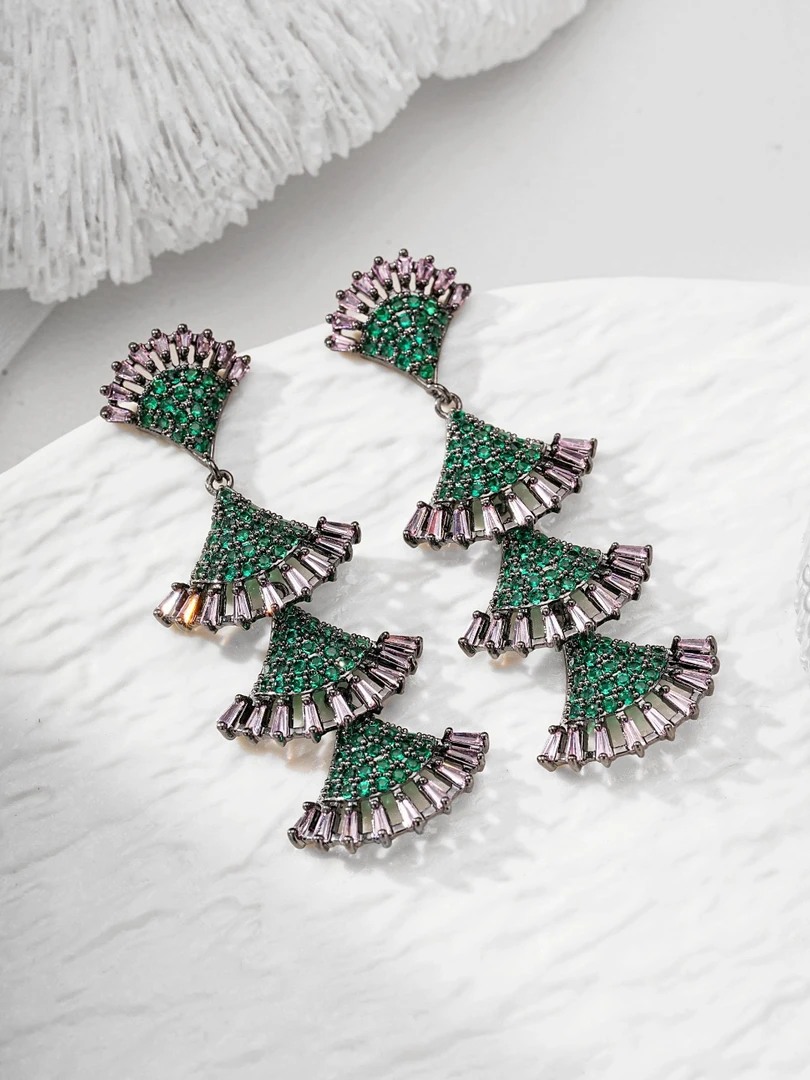 合金合成锆石耳饰 3656 小众设计镂空扇形灵动耳饰