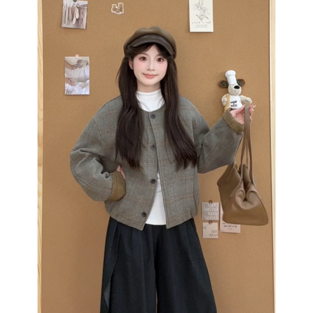 【燃燃定制】150小个子秋冬格纹呢单排扣圆领短款外套气质百搭-8631