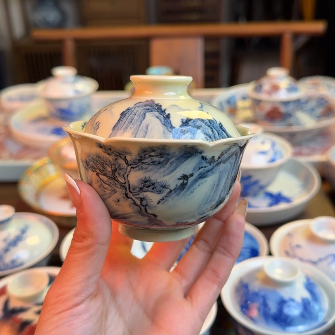 杯重工山水仿古盖碗纯手绘