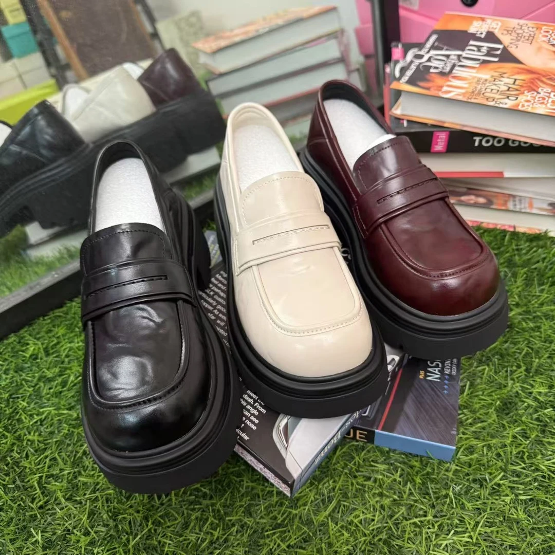 2025年新款真皮小皮鞋女英伦风厚底一脚蹬女鞋增高乐福鞋单鞋505