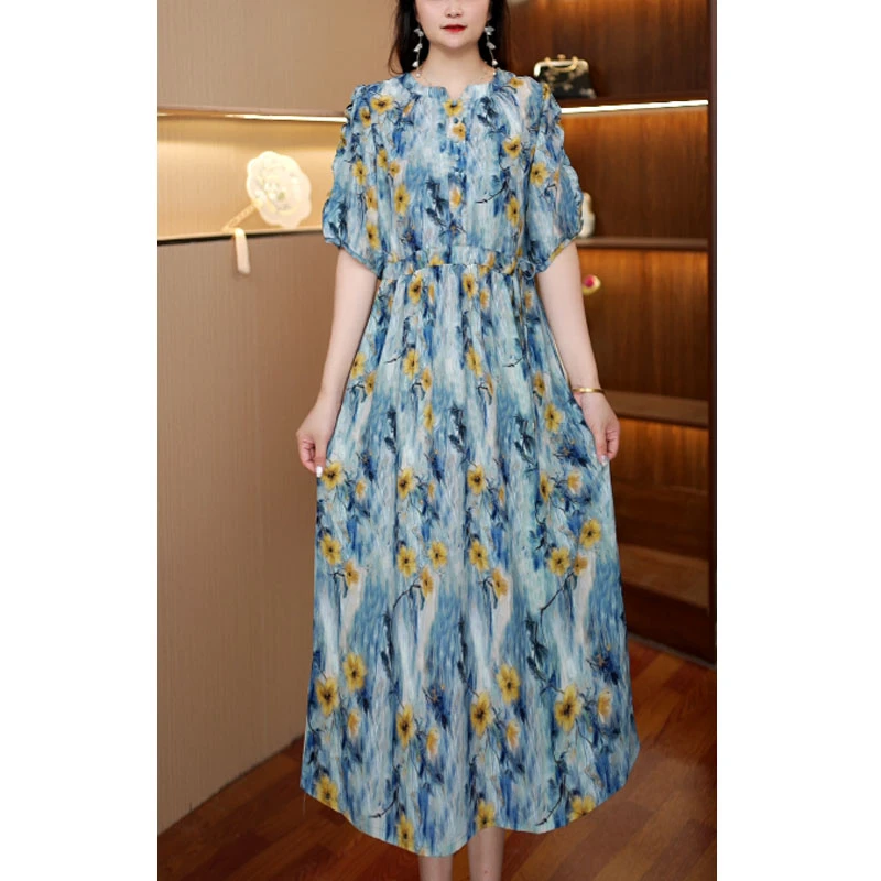 [蓝黄花]新款百搭显瘦连衣裙女中长款515