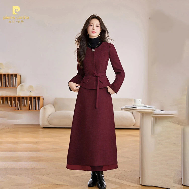 皮尔卡丹秋冬女士流行时尚套装显瘦气质长袖收腰修身洋气女神韩版