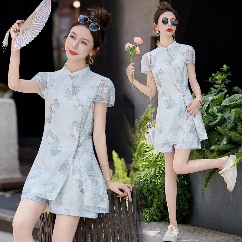新中式国风刺绣提花套装女2025夏季新款小个子时尚复古短裤两件套