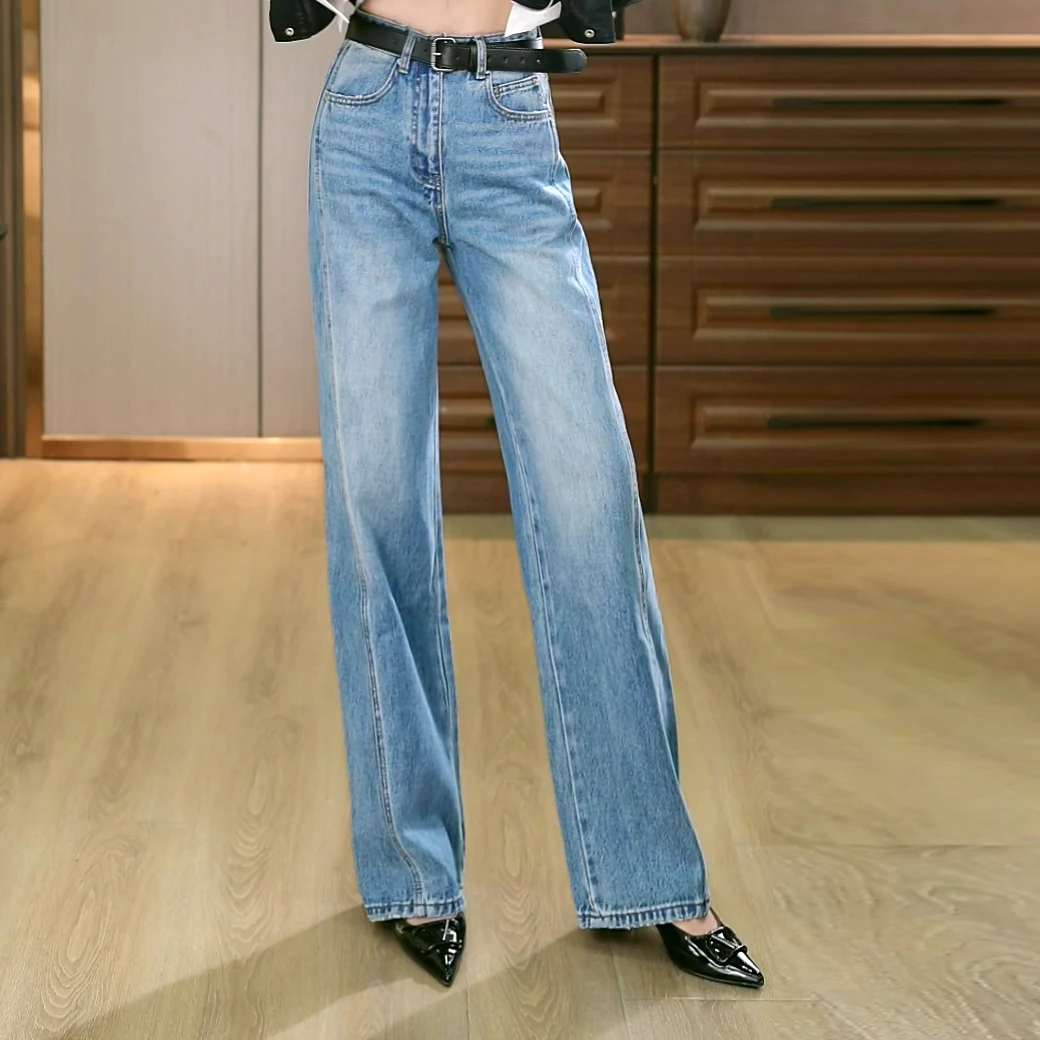 春季设计款高腰水洗港风百搭时尚显瘦直筒牛仔裤 L128