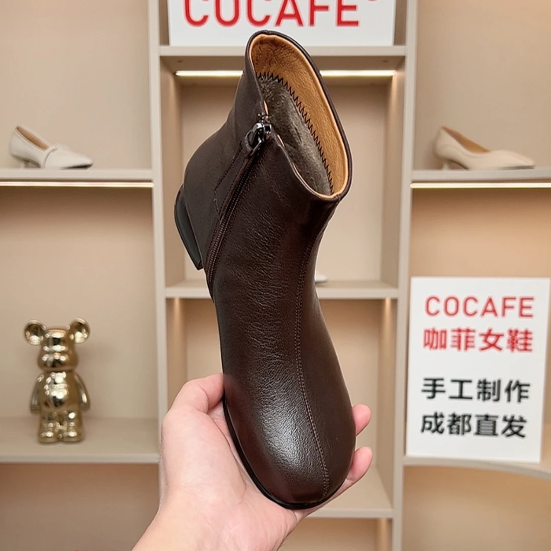 羊皮/跟高3CM/秋冬季侧拉链圆头粗跟低跟防滑软底芒果头短靴子