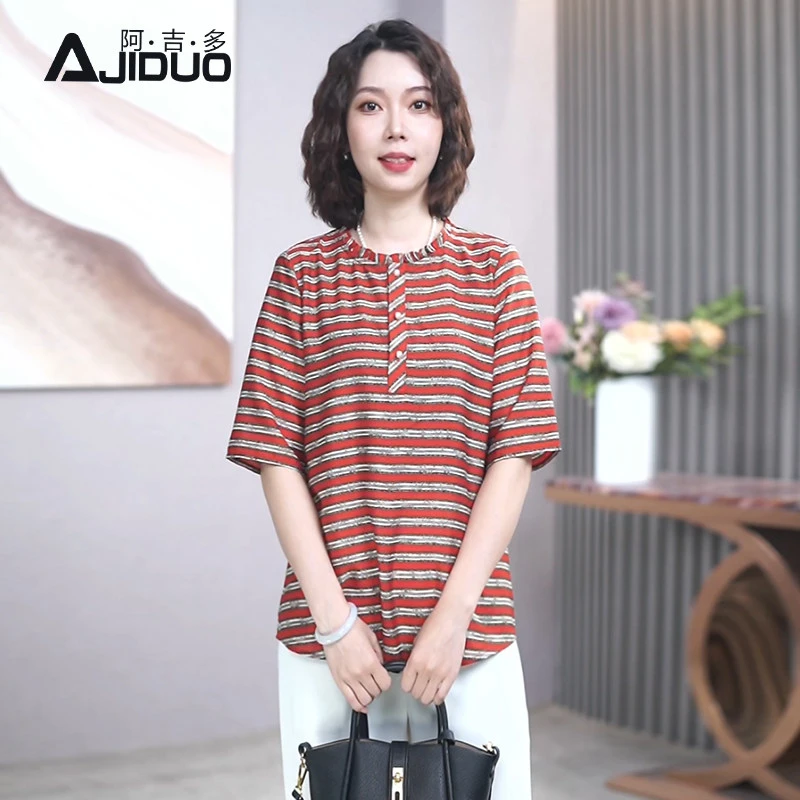 阿吉多短袖条纹雪纺衫女夏季新款中老年妈妈气质高级小衫大码上衣