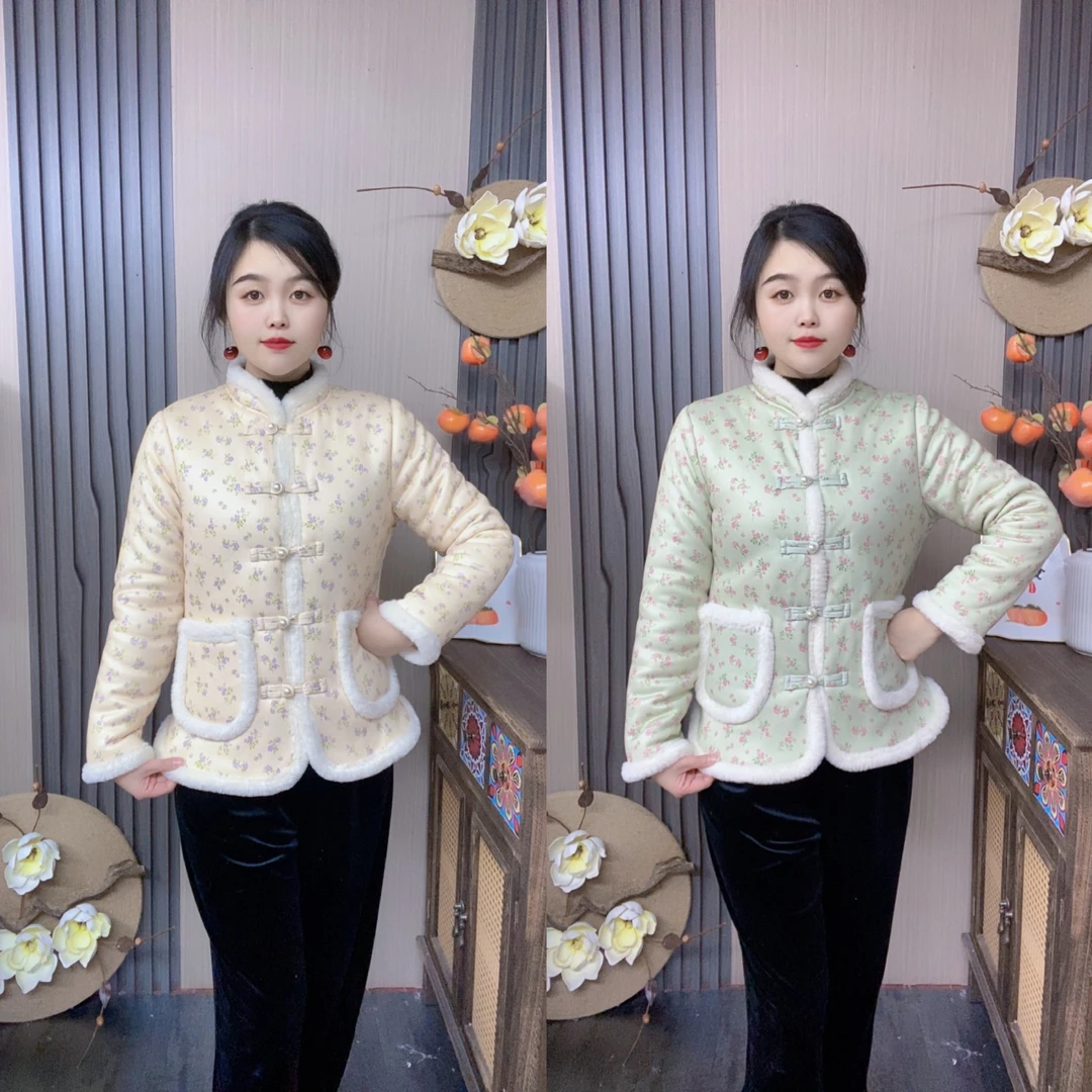 中式复古立领加绒棉衣秋冬新款民族风加厚时尚碎花显瘦棉服